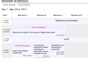 Screenshot of session schedule