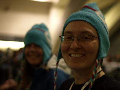 Webchick and Vauxia in Druplicon hats